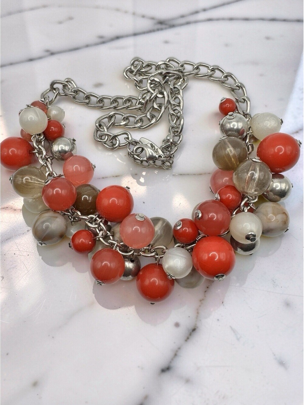 Red Coral Pink Silver Chunky Bubble Bead/Candy Cluster Necklace, Statement